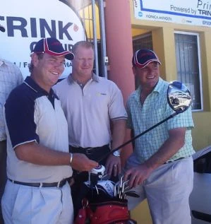 Titch Moore SA Sunshine Tour Golf PRO with our sponsors Michael and Colin from Trink Group Holdings getting ready for a great day on the Humewood Golf Course